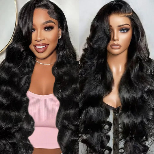 Woman wearing a black wig next to a mannequin head with the same wig.