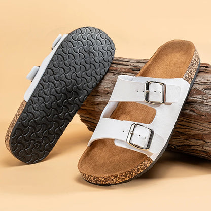Men’s Double – Buckle Cork Slides – Comfortable Summer Sandals – Brown – 45