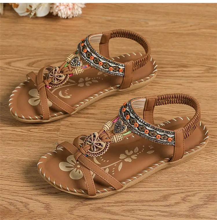 Women’s Boho Beaded Strap Sandals – Casual Summer Walking Shoes