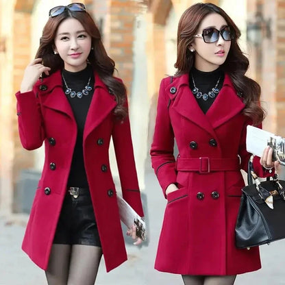 Two images of a woman wearing a red coat with a belt, one in an urban setting and one holding a handbag.