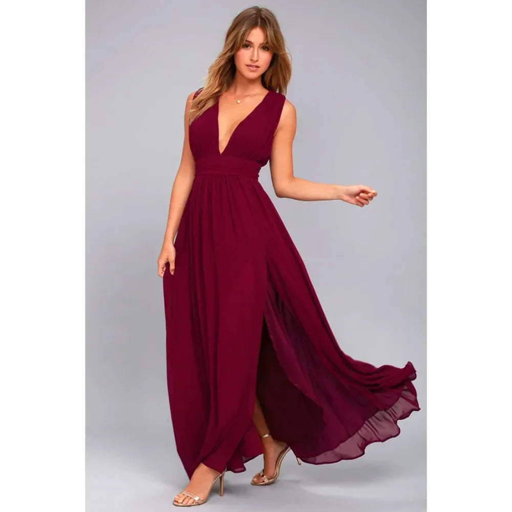 Backless Deep-V Chiffon Maxi Dress – Flowy Slit Evening Gown