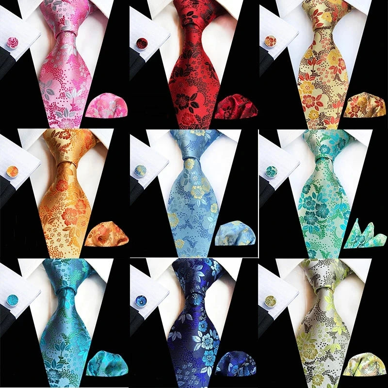 Men’s Floral Necktie Set – Tie, Pocket Square & Cufflinks