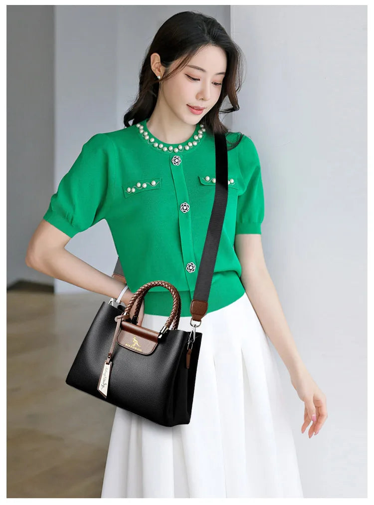 Elegant Pattern Tote – Kangaroo Brown Shoulder Handbag with Braided Handle