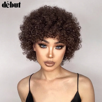 Short Curly Human Hair Wig with Bangs – Natural Brown Pixie Style