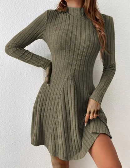 Women’s Ribbed A-Line Knit Mini Dress – Long Sleeve, Mock Neck, Slim Fit