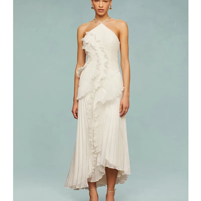 Ruffle Halter A-Line Maxi Dress
