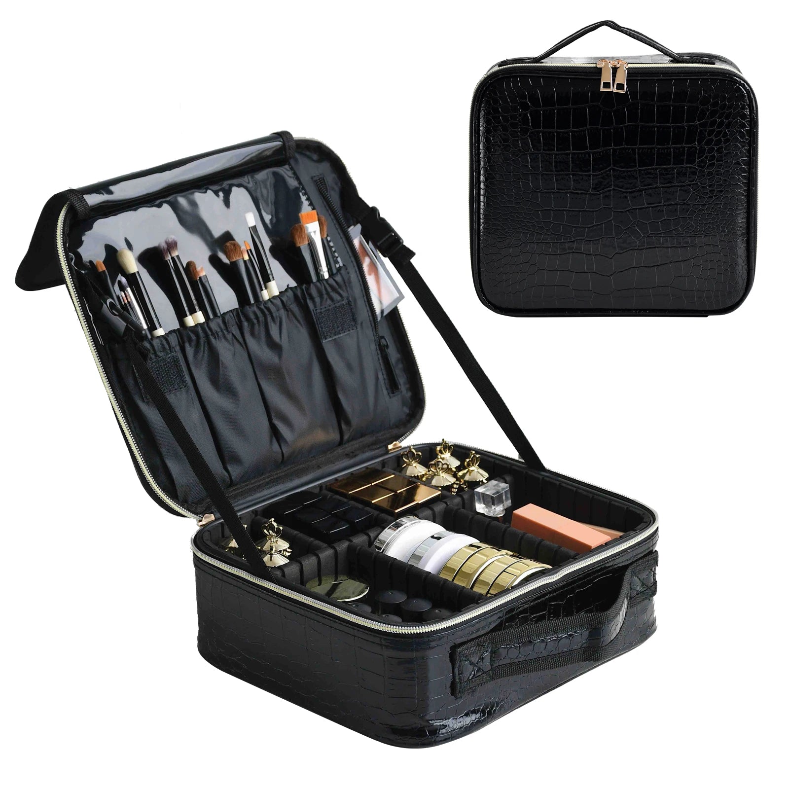 Black makeup case with cosmetic items and a smaller black case on a white background