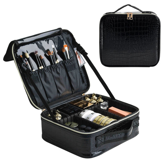 Black makeup case with cosmetic items and a smaller black case on a white background