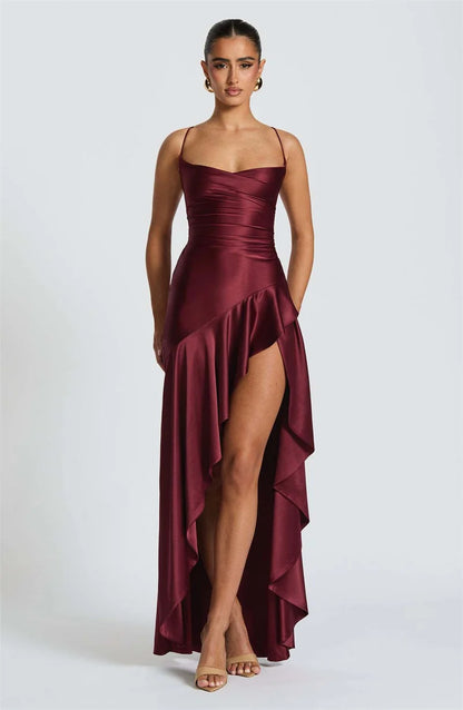 Women’s Satin Spaghetti Strap Maxi Dress – Ruffle Thigh Split, Backless