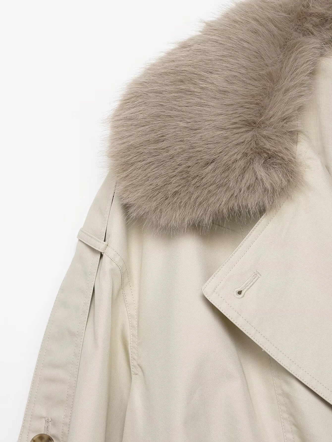 Women’s Short Faux-Fur Collar Trench Coat – Double-Breasted Jacket