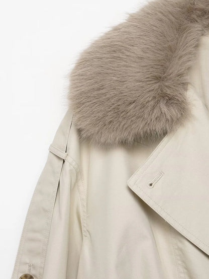 Women’s Short Faux-Fur Collar Trench Coat – Double-Breasted Jacket