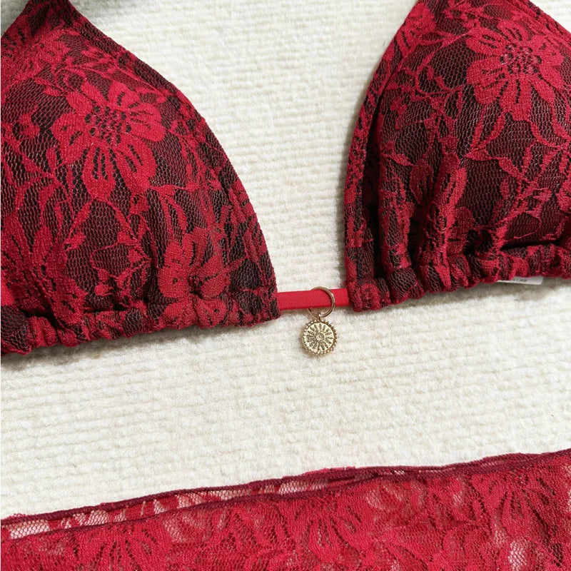 Women’s Lace Triangle Bikini Set with Cover-Up – 3 Piece