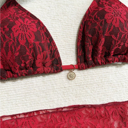 Women’s Lace Triangle Bikini Set with Cover-Up – 3 Piece
