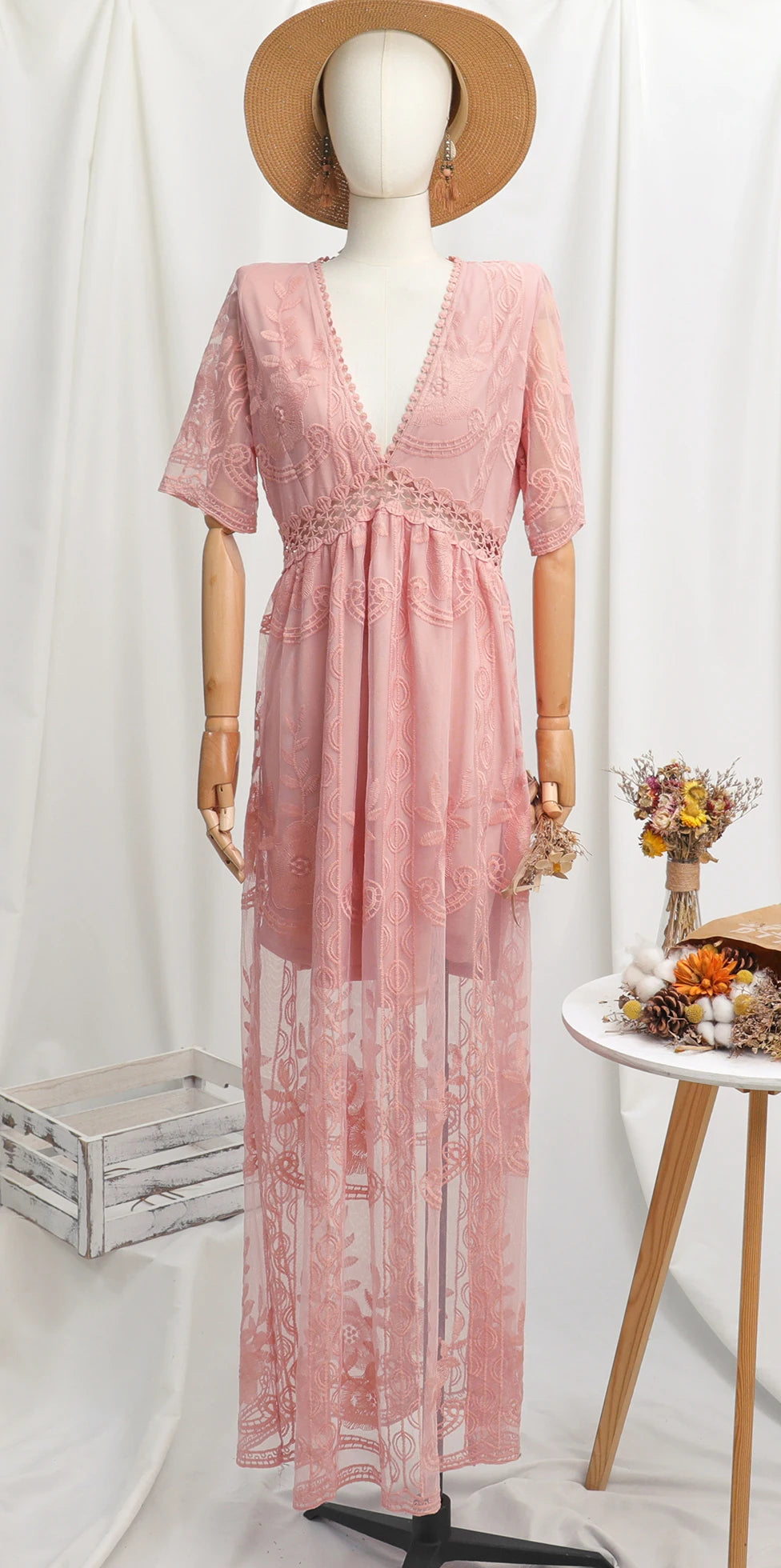 Women’s Embroidered Lace Maxi Dress – Elegant White Boho Beach Style