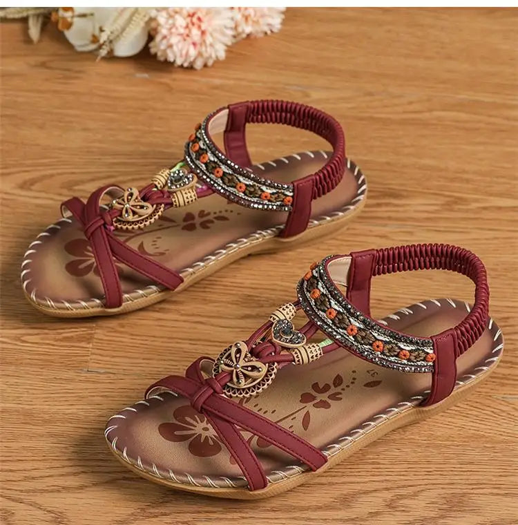 Women’s Boho Beaded Strap Sandals – Casual Summer Walking Shoes