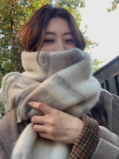 Women’s Plaid Cashmere-Feel Scarf – Thick, Tassel-Edge, Winter Wrap