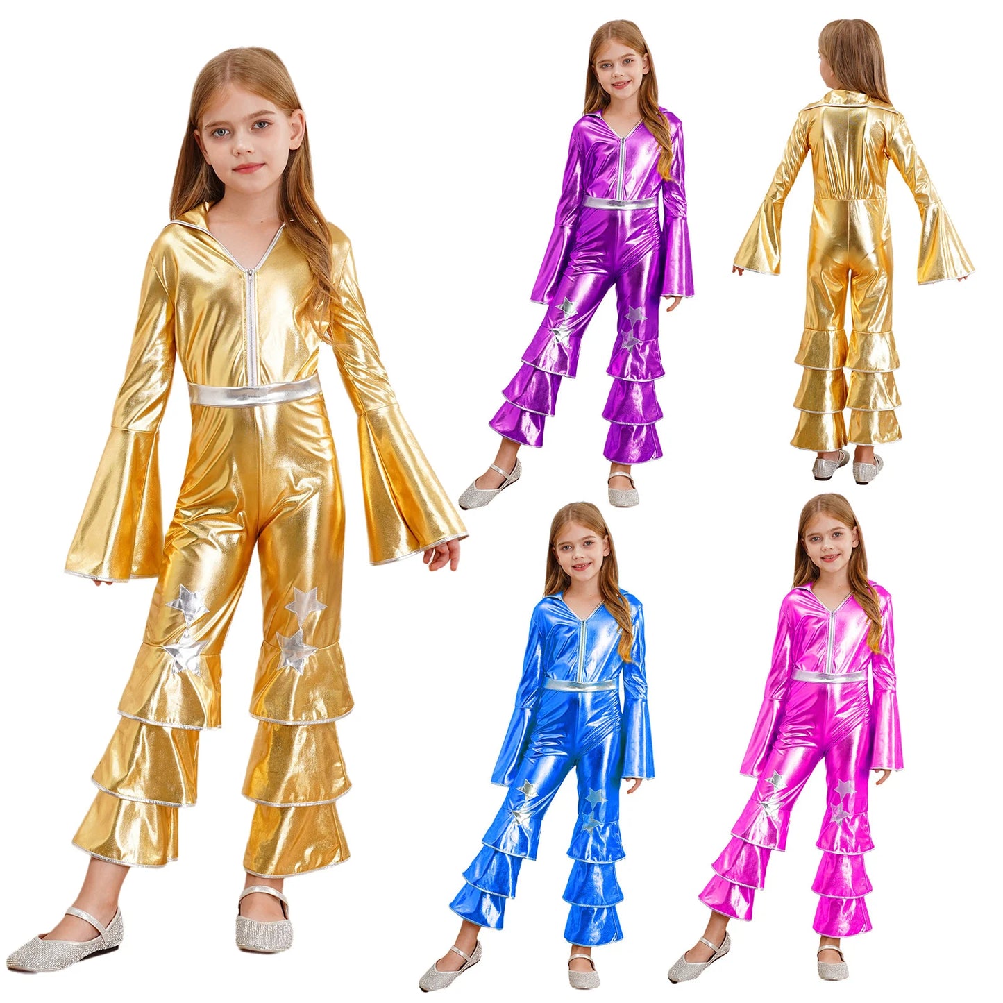 Girls’ Metallic Bell Bottom Jumpsuit – Retro Theme Night Costume
