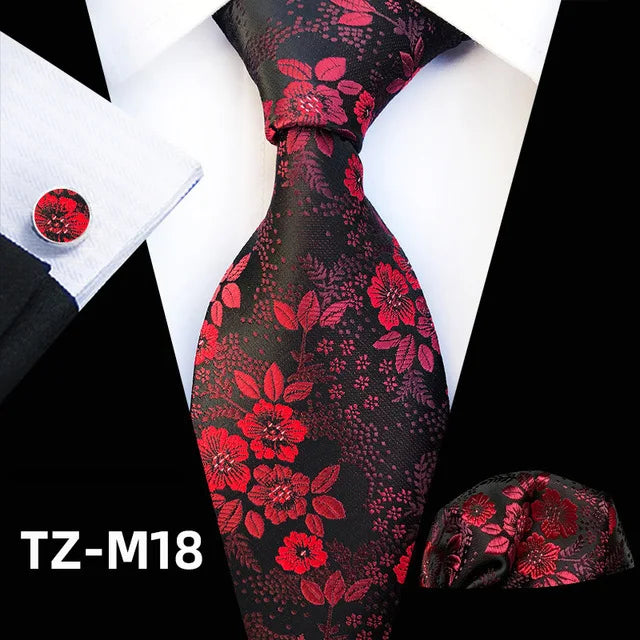 Men’s Floral Necktie Set – Tie, Pocket Square & Cufflinks