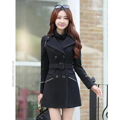 Women’s Wool-Blend Double-Breasted Coat – Classic Long Peacoat