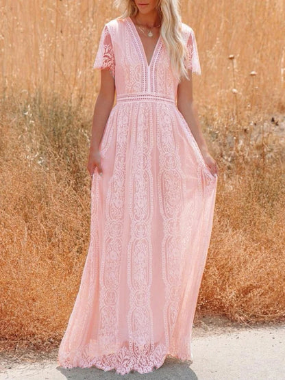 Women’s Embroidered Lace Maxi Dress – Elegant White Boho Beach Style