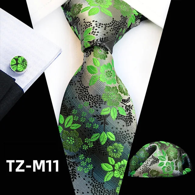 Men’s Floral Necktie Set – Tie, Pocket Square & Cufflinks