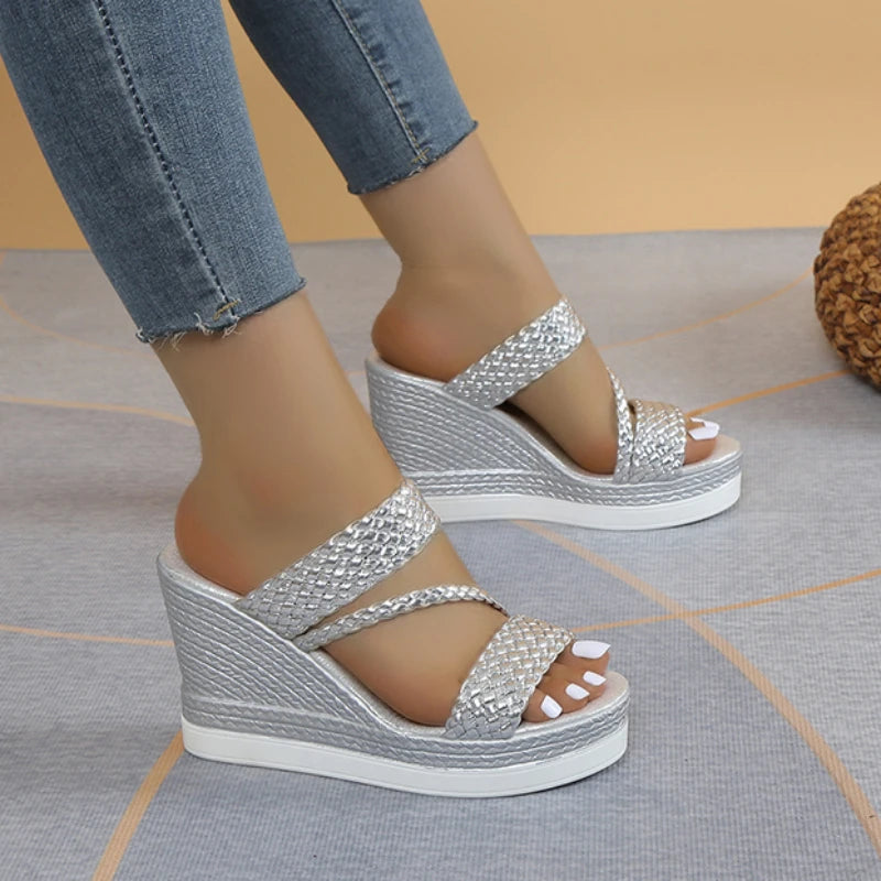 Women’s Braided Wedge Sandals – Slip – on Platform Summer Heels – Silver – 39