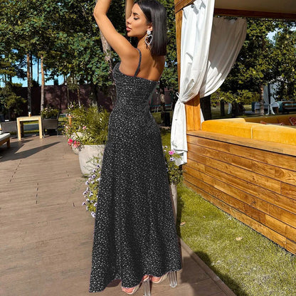 Sunlit Petal Split Maxi Dress – Women’s Floral Spaghetti Strap Summer Dress