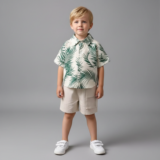 Child wearing a leaf-patterned shirt and beige shorts on a gray background