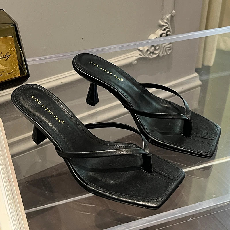 Women’s Strappy Heeled Flip Flop Sandals – Square Toe Slip-On Heels