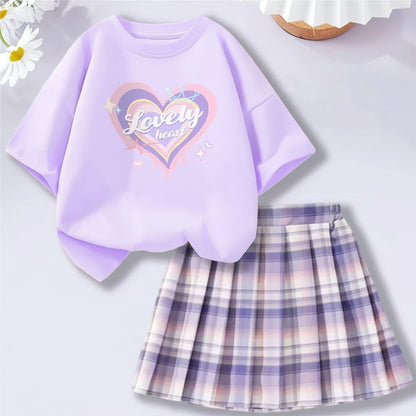 Girls’ T-Shirt & Plaid Skirt Set – 2 Piece Outfit