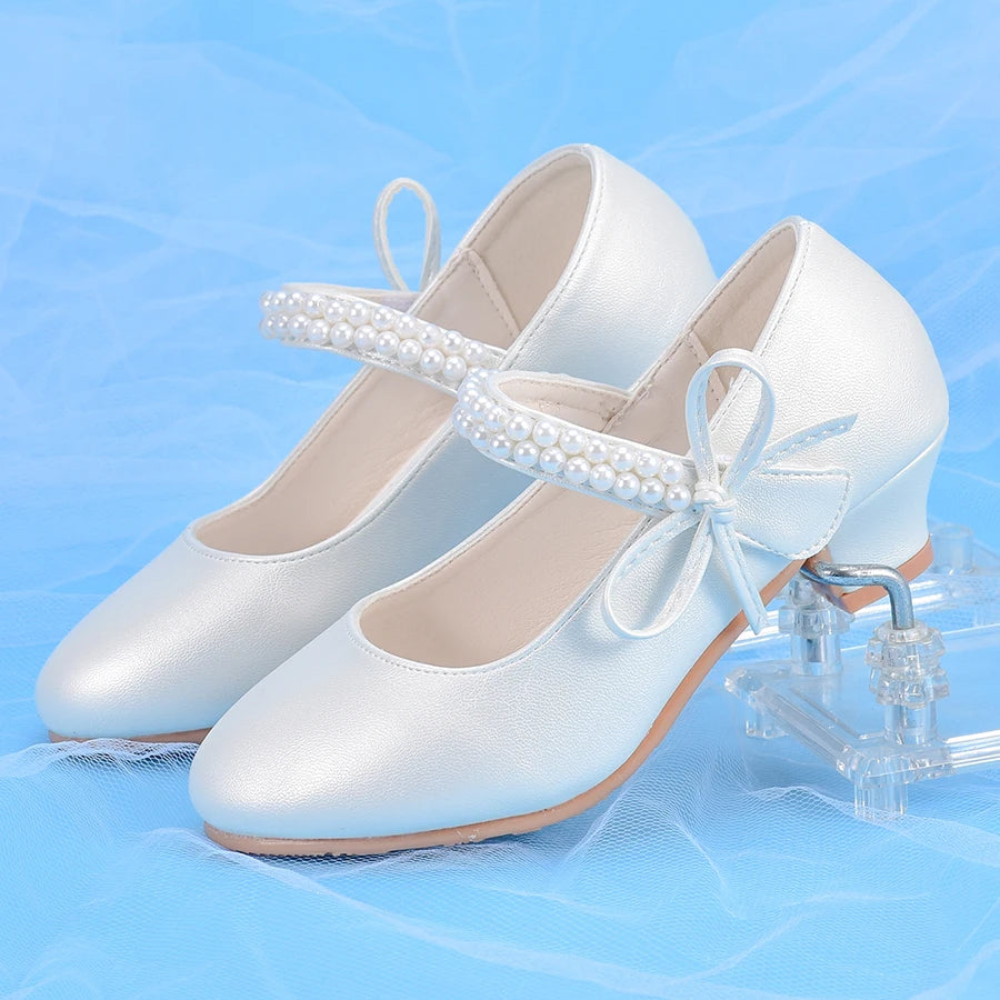 Girls' Princess Fashion High Heels, White, Ideal For Dresses, Performances, Birthday Parties
