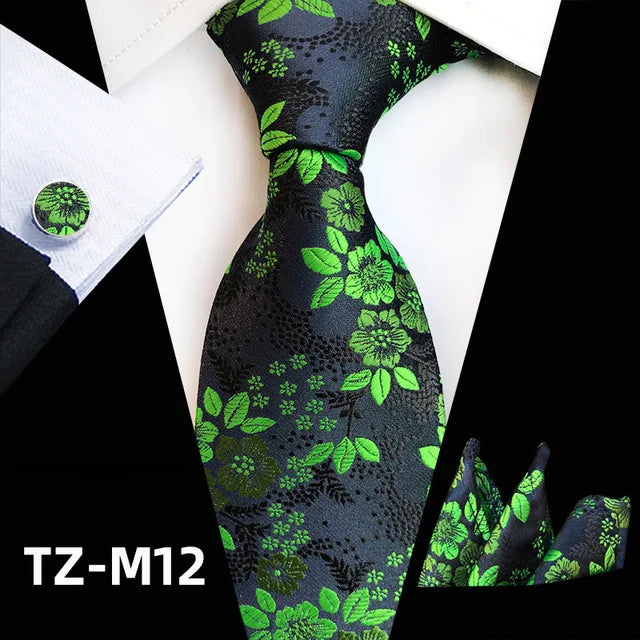 Men’s Floral Necktie Set – Tie, Pocket Square & Cufflinks