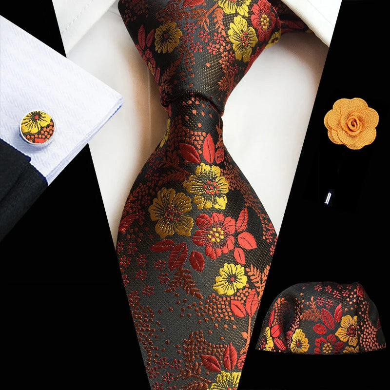 Men’s Floral Necktie Set – Tie, Pocket Square & Cufflinks