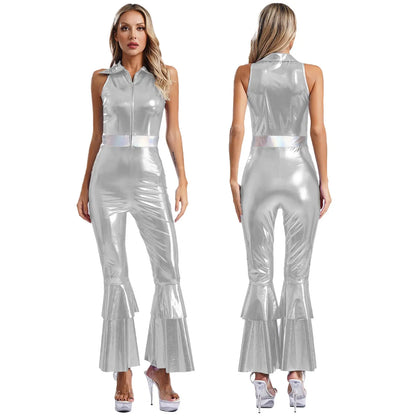 Women’s 70s Metallic Disco Jumpsuit – Sleeveless High – Waist Flared Costume – Black – XXL