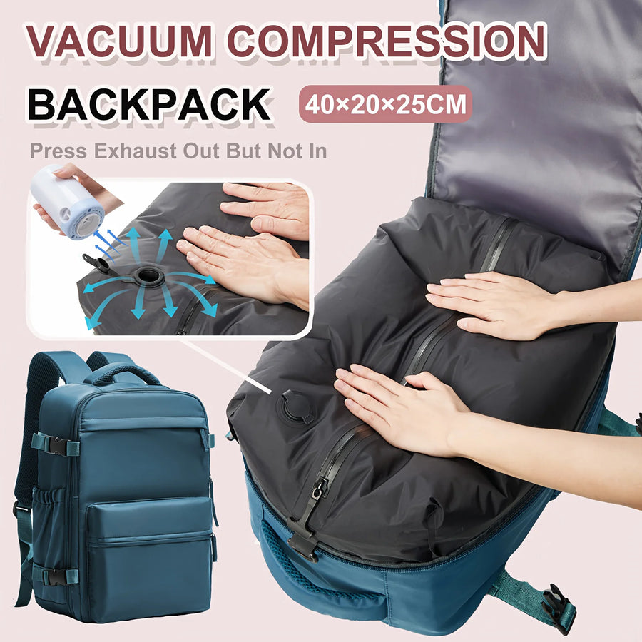 Vacuum compression travel backpack with expandable carry-on storage