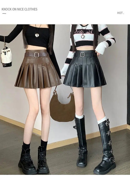 Women’s Pleated PU Mini Skirt with Belt – High-Waist, A-Line