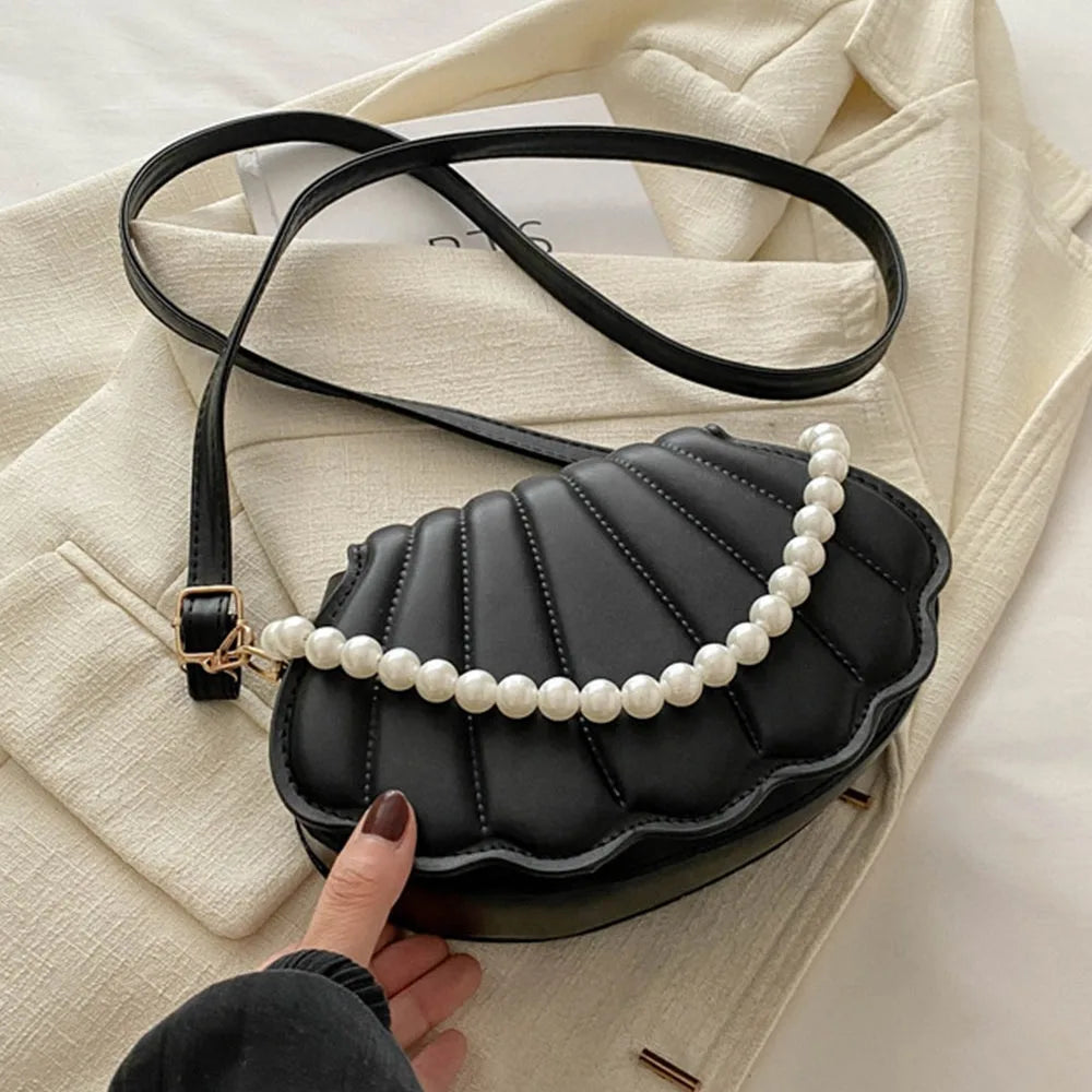 Shell-Shaped Crossbody Bag – Pearl Trim, Compact Chic