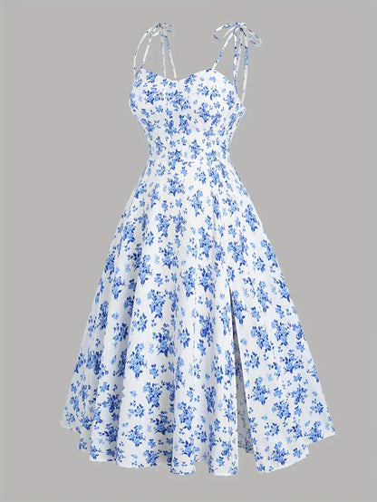 Women’s Floral A-Line Bow-Tie Dress – Sweetheart Neck, Adjustable Straps