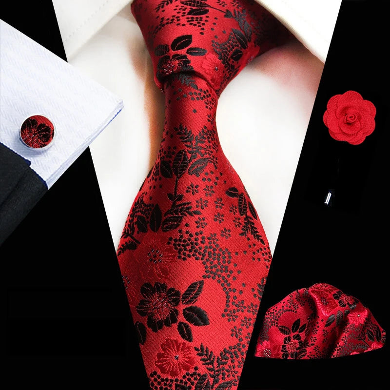 Men’s Floral Necktie Set – Tie, Pocket Square & Cufflinks