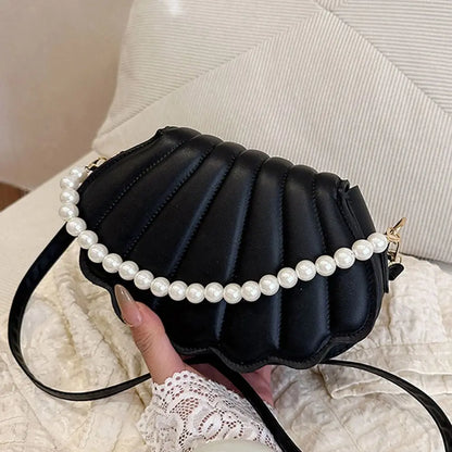 Shell-Shaped Crossbody Bag – Pearl Trim, Compact Chic