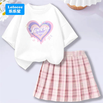 Girls’ T-Shirt & Plaid Skirt Set – 2 Piece Outfit