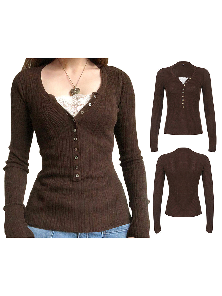 Women’s Ribbed Button-Front Knit Top – Slim Fit Long Sleeve