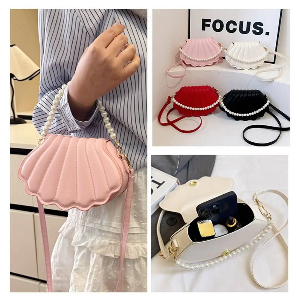 Shell-Shaped Crossbody Bag – Pearl Trim, Compact Chic