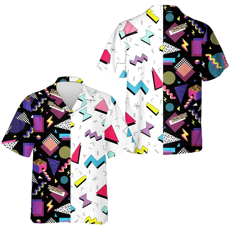 Men’s Retro Geometric Print Button-Up Shirt – 80s Theme Night