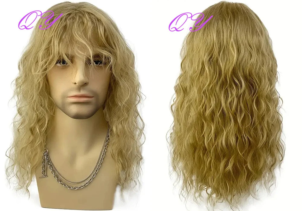 Synthetic Men Wig Natural Curly Dark Brown Color Male Wig With Bangs Water Wave Daily or Cosplay Adjustable Man Hair Wig