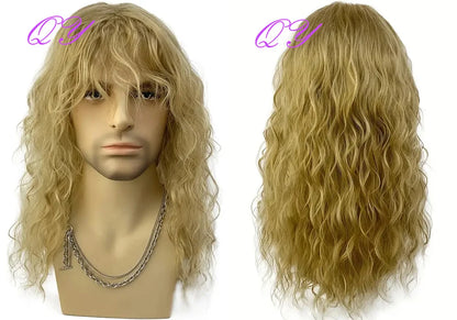 Synthetic Men Wig Natural Curly Dark Brown Color Male Wig With Bangs Water Wave Daily or Cosplay Adjustable Man Hair Wig