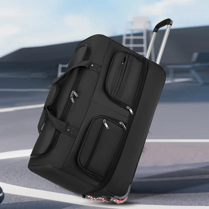 Black rolling suitcase on a tennis court