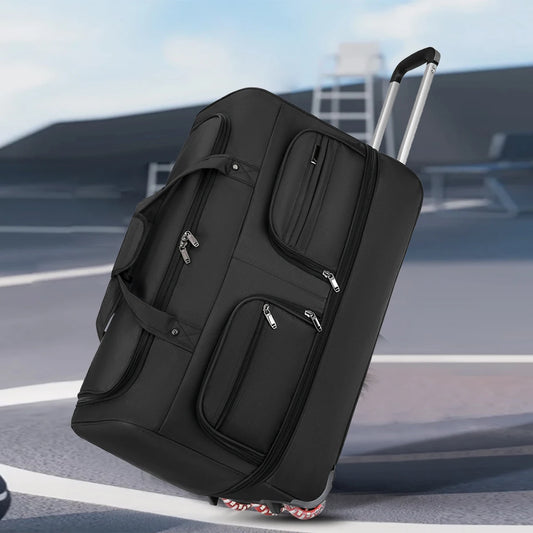 Black rolling suitcase on a tennis court