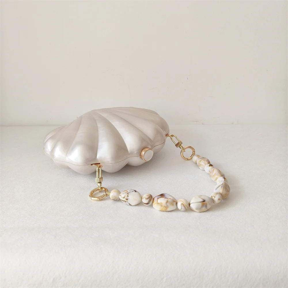 Shell Clutch Evening Bag – Beaded Handle, Formal Elegance