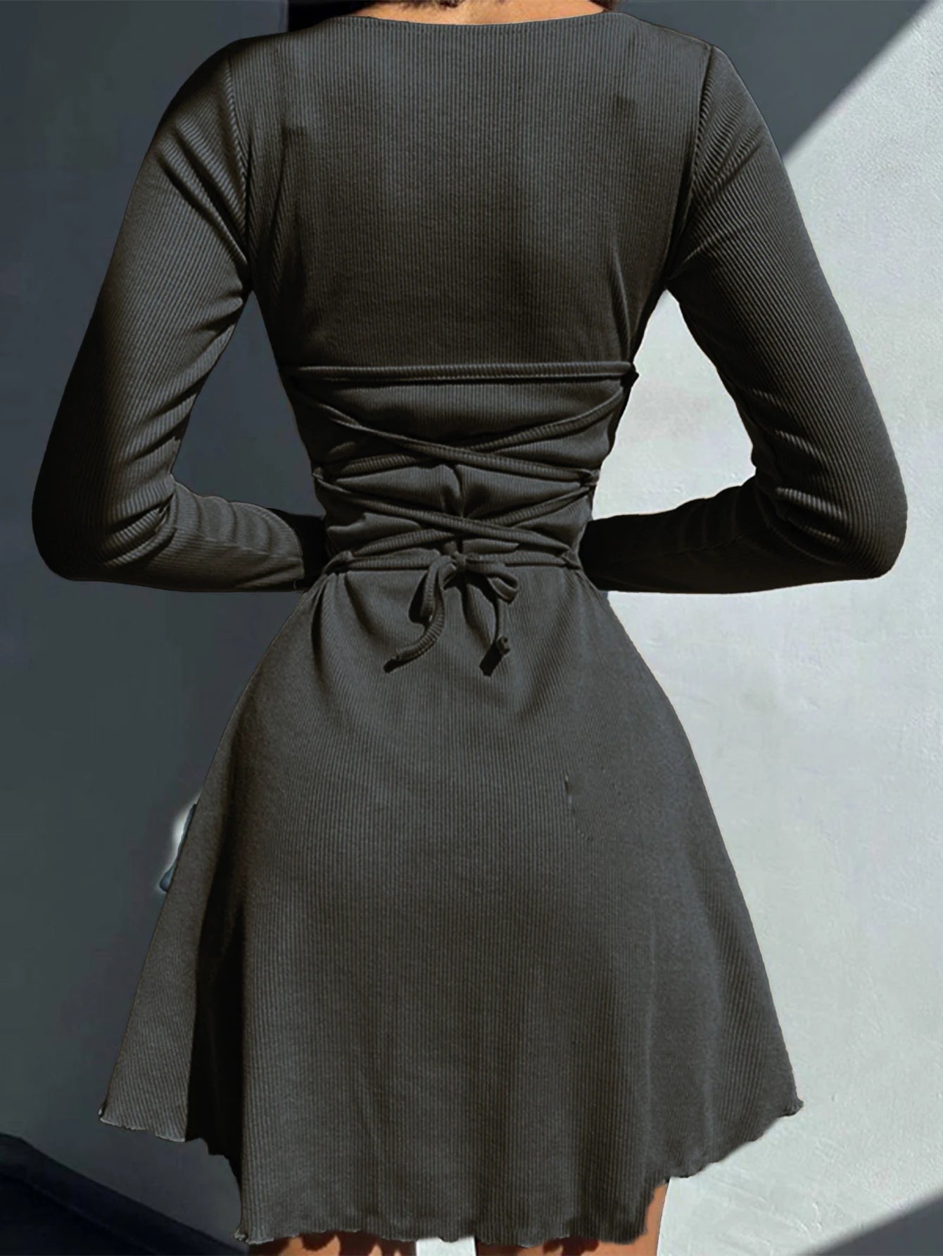 Women’s Lace-Up Back Mini Dress – Long Sleeve, Ribbed Knit, Flared Hem